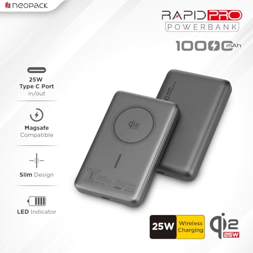 Image of Neopack Rapid Pro Magsafe Power Bank 10000 mAh with 25W Fast Wireless Charging | QI2 Technology | LED Indicator | Strong Magnetic Hold | USB-C in & Output Compatible with iPhone 12 & New Models, Grey
