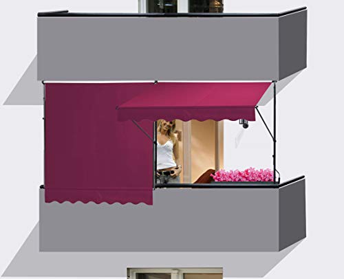 Quick Star - Toldo para balcón, 2 unidades, 200 x 130 cm, color burdeos, toldo para terraza, altura regulable de 200 – 290 cm, toldo para balcón sin agujeros