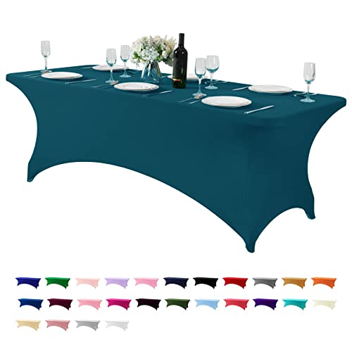 Hezuzo Spandex Table Cover for 8FT or 4ft or 6ft Table Universal Fitted Stretch Tablecloth for Party, Banquet, Wedding and Events-Peacock
