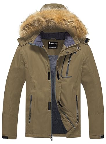 Image of Pursky Men's Waterproof Ski Jacket Winter Snow Coats Fur Hooded Raincoats Parka