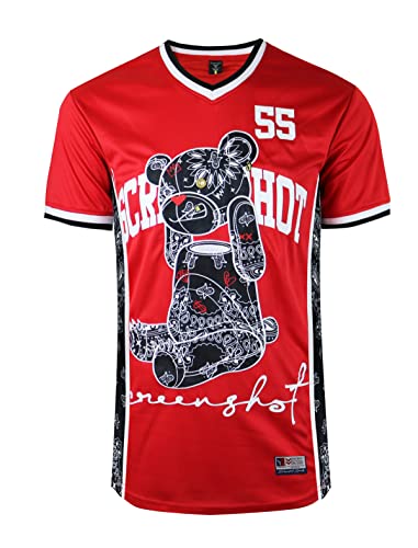 SCREENSHOT-TS1122 Mens Hipster Hip-Hop Premium Urban Sreetwear Fashion Jersey Top - Head Lifting Bear Character Basketball Sports Team Color Short Sleeves Mesh-Red-Large