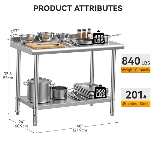 Image of DWVO 48x24in Stainless Steel Table with Backsplash | NSF Metal Prep Worktable for Kitchen Restaurant Hotel Garage Warehouse Home Commercial