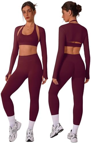 3 Piece Workout Sets for Women Seamless Halter Sports Bra High Wa...