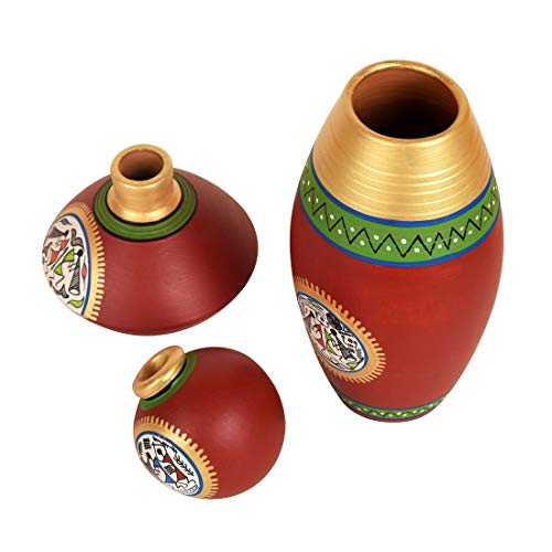 Image of Aakriti Art Creations Rustic Warli Vases Set of 3 in Red | Warli Art Hand-Painted Terracotta Flower Vases | Matte Finish Decorative Vases for Living Room, Table Decor & Gifting