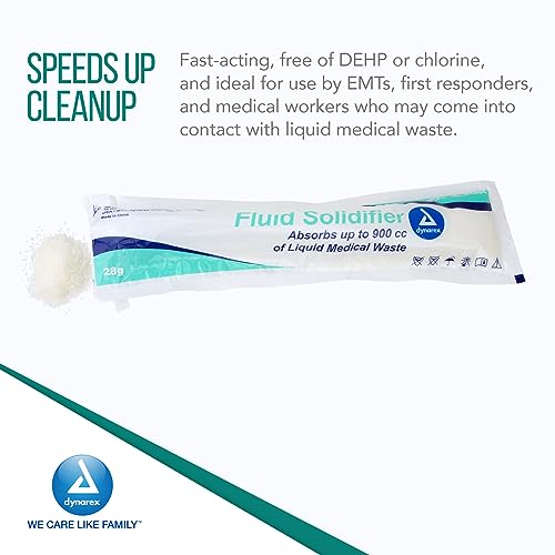 Image of Dynarex Fluid Solidifier Powder - Absorbent & Deodorizing Gelling Agent - Turns Up to 300cc Liquid Waste & Bodily Fluids Into Gel for Disposal - Zero Chlorine - Portable 10g Packets, Bulk 200-Count