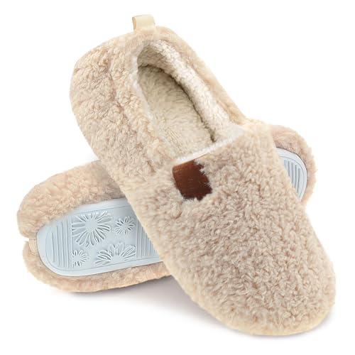 FLYFUPPY Womens Fuzzy Curly Fur Memory Foam House Slippers with Warm Lining