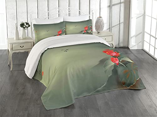 Ambesonne Dragonfly Coverlet, Traditional Japanese Painting with Lotus Blooms in Hazy Tones Design, 3 Piece Decorative Quilted Bedspread Set with 2 Pillow Shams, King Size, Red Reseda Green