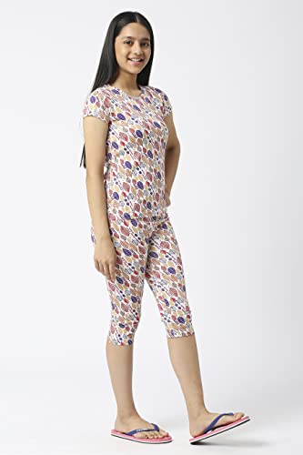 Image of SINI MINI Round Neck with Half Sleeve Top & Capri Beige Girls Casual Pack of 1 Night Suit Set