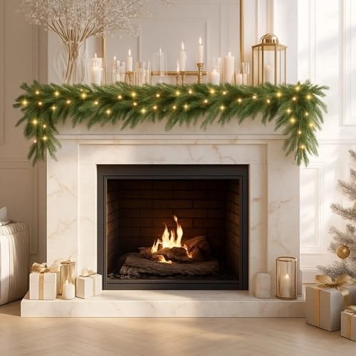 JoyCushy - 1.8M/6FT Christmas Garland with Lights, Real Touch Norfolk Pine Garland for Fireplace Stairs Green Artificial Faux Cedar Garland with 50 LED Lights for Mantle Door Indoor Xmas Holiday Decor - -8%