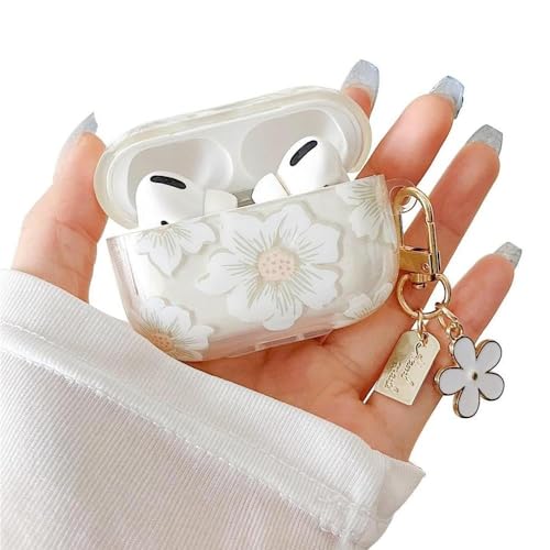 Compatible with AirPods 4 Clear Case,Cute Cartoon Flower Pattern Design with Floral Keychain, Soft TPU Protective Shockproof Case for AirPod 4 for Girls Women-White