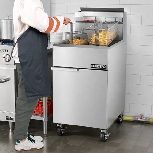 Image of EGGKITPO 5-Burner Commercial Natural Gas Fryer 70lbs Oil Capacity CSA Certified Stainless Steel Floor Deep Fryer with 2 Baskets Oil Drain Adjustable Temperature 150,000 Total BTU for Restaurant