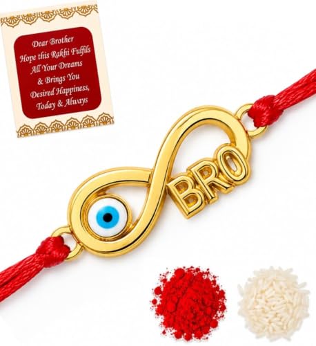 Image of Golden Plated Evil Eye Infinity BRO Rakhi for Brother with Greeting Card, Roli & Chawal | Designer Rakhi Band Bracelet for Bhai, Bhaiya | Raksha Bandhan Gift Set Hamper