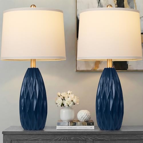 Modern Table Lamp for Living Room, Bedside Lamp Set of 2, Navy Blue Resin Table Lamp, Bedroom Lamp for Nightstand with Linen Shade, Diamond-Shaped Lamp Body,Desk Lamp for House Dorm(2 Bulbs Included)