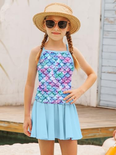 Image of Girls Tankini Swimsuit Mermaid Bathing Suits Criss-Cross Strap Adjustable Summer Beach Two Piece Swimwear Size 4-12