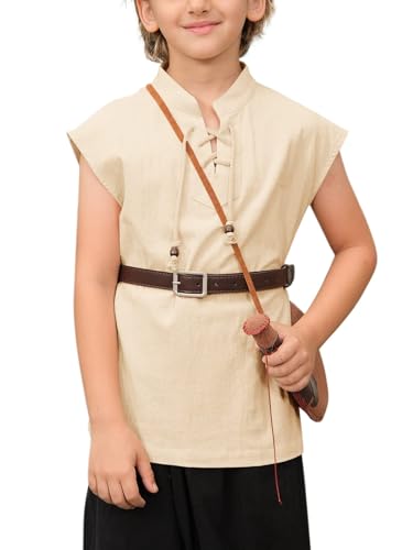 Haloumoning Boys Renaissance Pirate Sleeveless T Shirts Kids Viking Medieval Lace-up Shirt Scottish Costume Tank Tops Khaki 3-4 Years