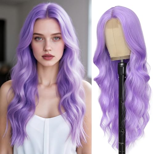 Angzon Long Purple Wavy Wig for Women 26 Inch Light Purple Middle Part Curly Synthetic Hair Wig Natural Look Heat Resistant Fiber for Daily Party Use