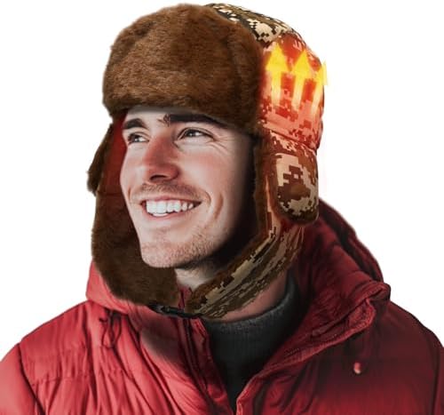 Heated Trapper Hat Warm Winter Hats with 7.4V Rechargeable Battery, Faux Fur Hunting Outdoor Hat for Men Women