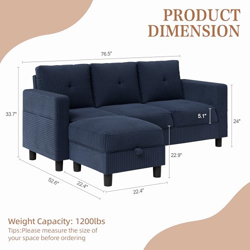 Shintenchi 76\" Modern Upholstered Sectional Sofa, L-Shaped Couch with Storage Ottoman and Reversible Chaise for Living Room, Blue Corduroy Fabric - Thumbnail 2