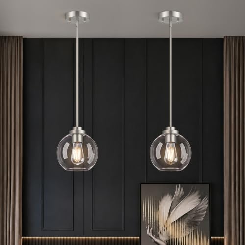 Image of MQMQA 2 Pack Globe Pendant Lights, Mid Century Brushed Nickel Pendant Light Fixtures, Globe Pendant Lights Kitchen Island with Clear Glass Shade Hanging Fixture for Dining Room (Bulbs not Included)