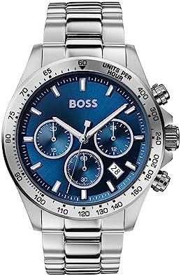 BOSS Herren Chronograph Quarz Uhr 43 mm Hero Kollektion mit Edelstahl Armband Glieder oder Mesh, Datumsfunktion, 3 Sub-Dials, Wasserresistenz 5ATM