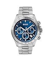 BOSS Men's 43mm Chronograph Quartz Watch HERO Collection with Silver Stainless Steel Bracelet, Blue Dial, Date Function, 3 Sub-Dials, 5ATM Water Resistant - 1513755