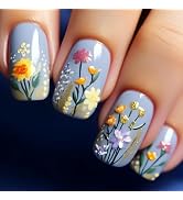 Blue Press on Nails Short Square Fake Nails Small Wild Flowers Design Glue on Nails Spring Nails ...