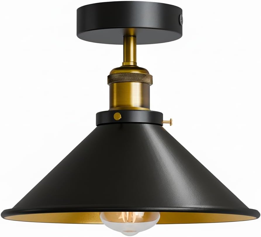LEDSone Black Inner Gold Industrial Semi-Flush Mount Ceiling Light with Metal Cone Shade Farmhouse Lighting Fixture for Kitchen, Bedroom & Living Room with Bulb