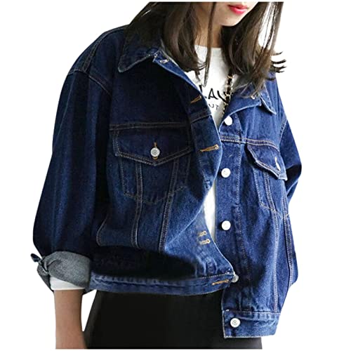 Chaqueta vaquera para mujer, de gran tamaño, con bolsillos en el pecho, camisa ligera y sólida, solapa vaquera, chaqueta bomber, informal, manga larga, abrigo vaquero, con botones, chaqueta de