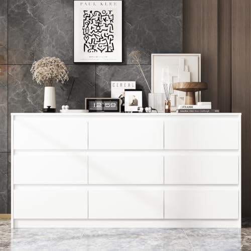 Hitow 9 Drawer Dresser for Bedroom with Deep Drawers, Large Floor Wood Dressers & Chest of Drawers Handle Free, Modern White Long Dressers for Closet Living Room, Euro Slide (63