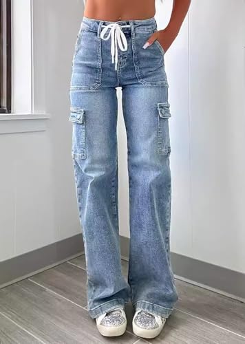 Unybwonn Women Straight Wide Leg Jeans High Waisted Baggy Strechy Casual Denim Trousers Boyfriend Drawstring Cargo Pants2