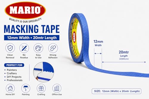 Image of Mario Blue Masking Tape - 20 Meter Length, 12mm Width - Adhesive Tape for Painting, DIY, Carpenter, Labelling & Art Craft - Clean Peel, No Residue - Pack of 6 Rolls
