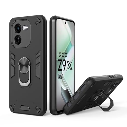 Image of Armor iQOO Z9x 5G Defender Case | Rotating Ring Holder & Kickstand in-Built | Military Grade Armor | 360 Degree Protection Back Cover for iQOO Z9x 5G / Y37 Pro 5G / Y37 Pro 5G (Black)