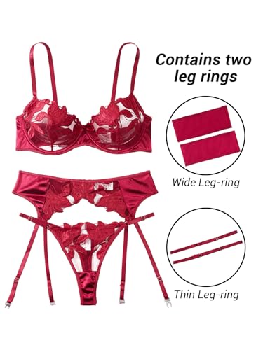 Image of Lilosy Sexy Leaf Floral Embroidered Mesh Sheer Women Underwire Push Up Lingerie Set