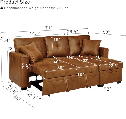 Image of KEIKI 71 inch L Shaped Sofa with Pull Out Sofa Bed, Sectional Sleeper Sofa with Reversible Chaise, 3 Seater Modular Sectional Sofa with Storage for Living Room, Light Brown