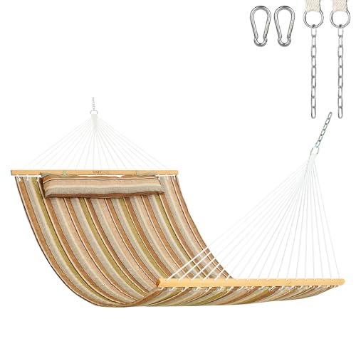 Image of Lazy Daze Double Quilted Hammock with Pillow and Carabiners, Brown Stripe | 12FT 2 Person Outdoor Hammock with Hardwood Spreader Bars and Chains for Outside, 450lbs Weight Capacity