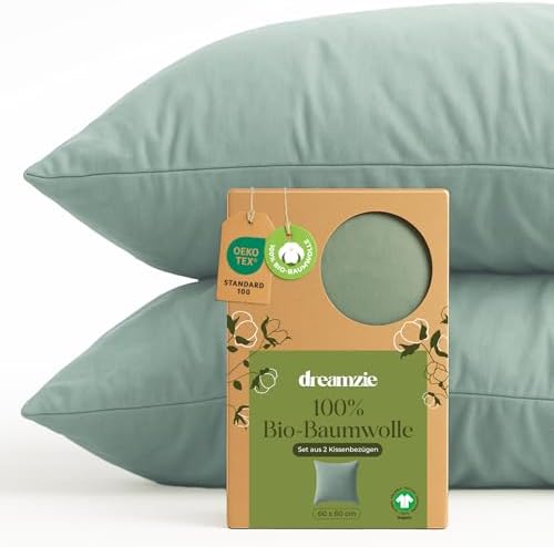 Dreamzie - Kissenbezug 60x60cm - 2er Set - 100% Bio-Baumwolle - Grün | GOTS & Oeko-Tex zertifiziert · mit Reißverschluss · Kopfkissenbezug & Kissenhülle · Jersey · atmungsaktiv · w