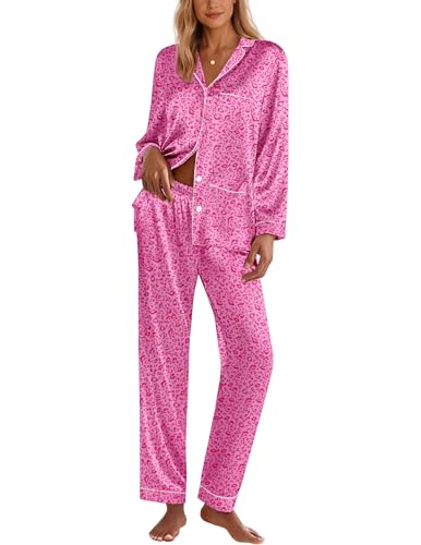 Image of Ekouaer Pajamas for Women Silk Satin Button Down Long Sleeve Pajama Sets