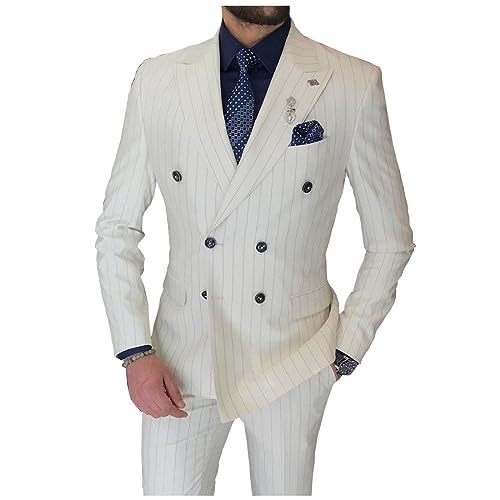 Mens White Stripes 2 Pieces Double Breasted Business Leisure Tuxedo Wedding Prom Suits Blazer Pants