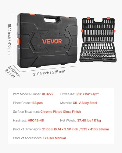 Image of VEVOR Socket Set, 163 Pieces, 3 /8 & 1 /4 & 1 /2 inch Drive Socket Tool Set, SAE and Metric, Deep and Standard, Mechanic Tool Kit with Storage Case, Chrome Plated CR-V Alloy Steel, for Automotive Repair