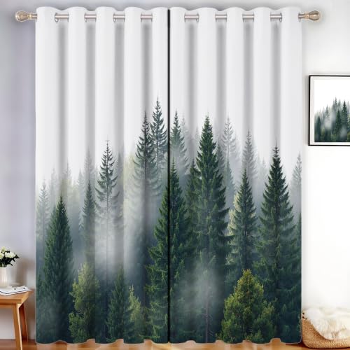 Rideau pour salon décoration anti froid motif forêt brumeuse en polyester
