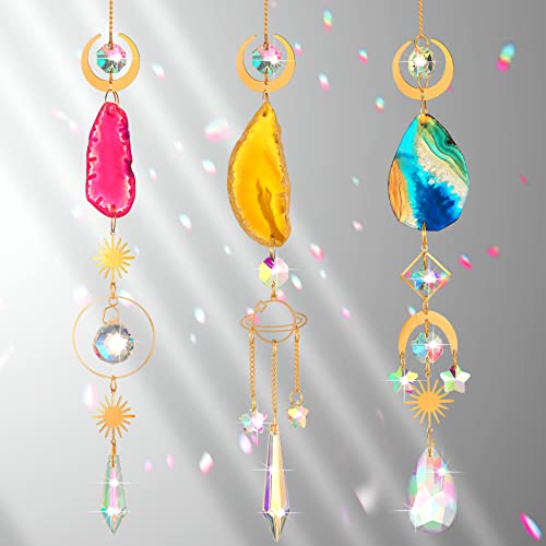 Geetery 3 Pcs Hanging Sun Catchers With Crystal Ball And Agate Slices Crystal Suncatcher For Window Pendant Garden Suncatchers Wind Chimes Ornaments Decor For Home Garden Car Mirror, 3 Styles #TOP29