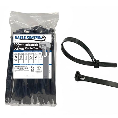 Kable Kontrol 100 Pack of 200 mm x 7.6 mm Reusable Cable Ties Heavy Duty Black Releasable Cable Ties 8 Premium Tie Wraps Strong Nylon Zip Ties