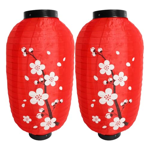 Sewroro Faroles Japoneses Decorativos de Interior 2 Piezas Estilo Tradicional Diseño de Flor de Ciruelo Linternas de Tela Roja de 10 Pulgadas para Decoración de Restaurantes Hogares y