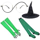 ASVP Shop Halloween Green Witch Costume Cosplay Set – Witch Hat, Green Claw Gloves, Socks & Glasses