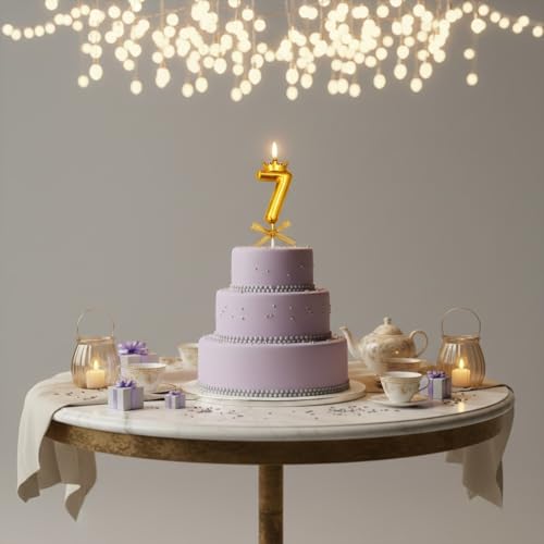 Image of Rozi Decoration Number 7 Birthday Candle for Cake with Crown Design | Gold Metallic Number Candle with Stick | Seventh Birthday Cake Topper for Baby, Kids and Party Celebration