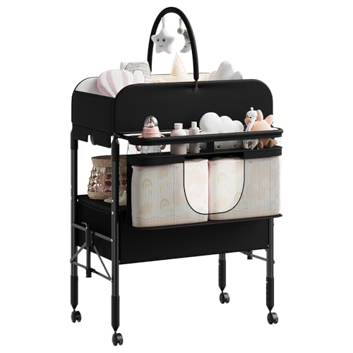 Fasciatoio Pieghevole Portatile Per Neonato, Altezza Regolabile Con Ruote Bloccabili, 2 Cassetti e Piano Impermeabile, Fasciatoio Con Vaschetta Per Bagnetto