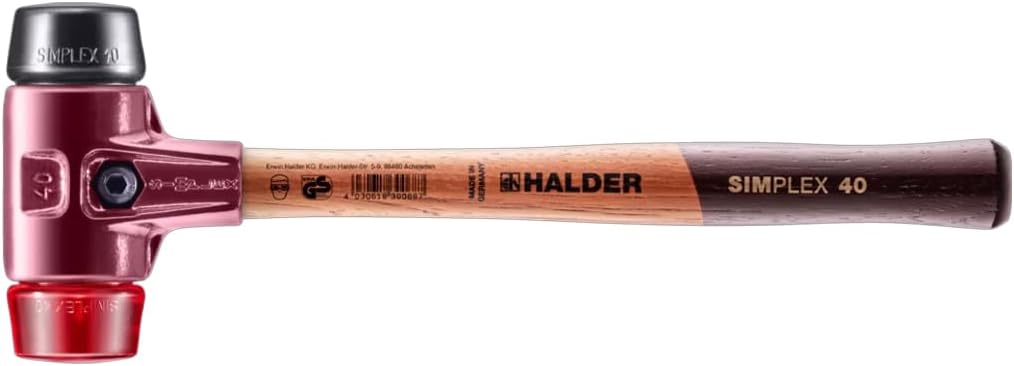 Halder Simplex Soft-Faced Mallet 3026.040 - Hard Plastic Insert, Medium-Hard Rubber Insert, Cast Iron Housing with Handle Protection Sleeve, Varnished Wooden Handle, 40mm, .1.4 lbs.