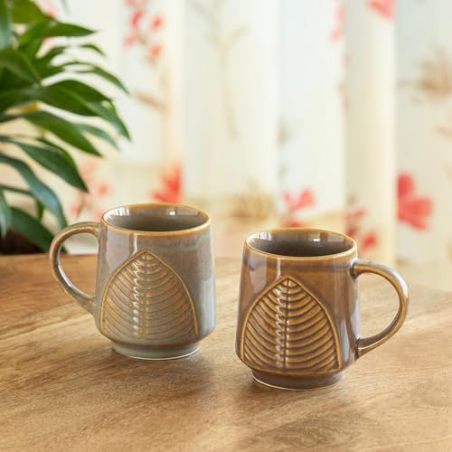Image of ExclusiveLane 'Leaf & Lines' Ceramic Coffee Mugs Set of 2 (300 ml, in Gift Box, Microwave and Dishwasher Safe, Hand-Embossed) | Ceramic Coffee Mug Coffee Cup Tea Mugs Set Tea Cups Ceramic Mugs