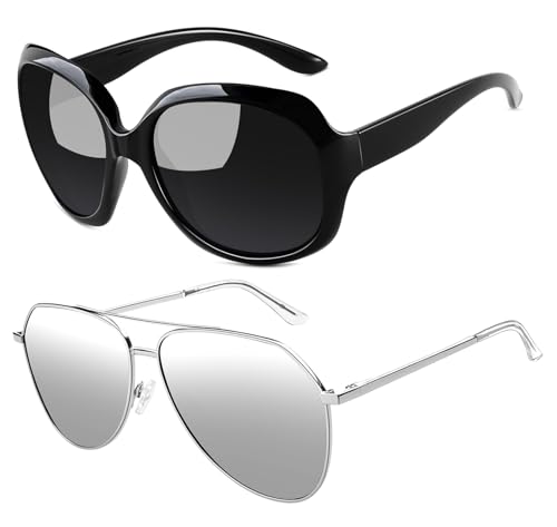 Joopin Black Butterfly & Silver Aviation Sunglasses Bundle, Fashion Oversized Sun Glasses Polarized UV Protection Vintage Big Shades Shady Rays