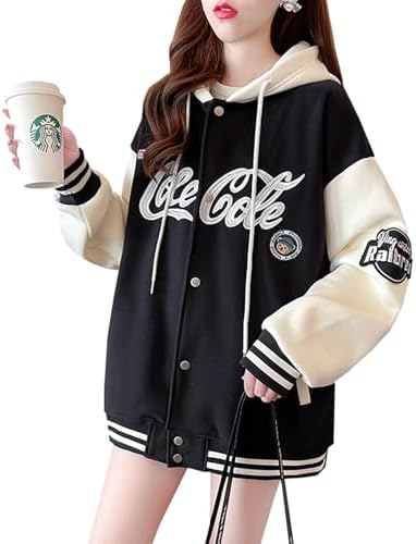 JiyuTor Women's Hoodie, Hooded Long Sleeve Jacket, Fleece Lined, Button Closure, Casual, Layered, Baseball Clothing, Thick, Hooded Sweatshirt, Autumn, Winter, Cute (Free Size Fleece Lined Black)
